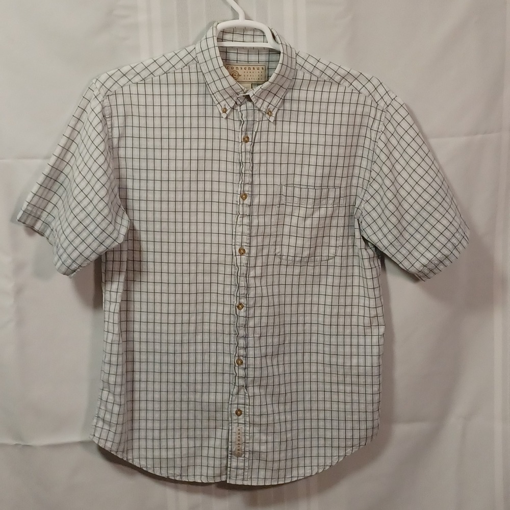 Consensus Button Down Shirt Mens M Blue Plaid Short Sleeve Cotton Grid Check